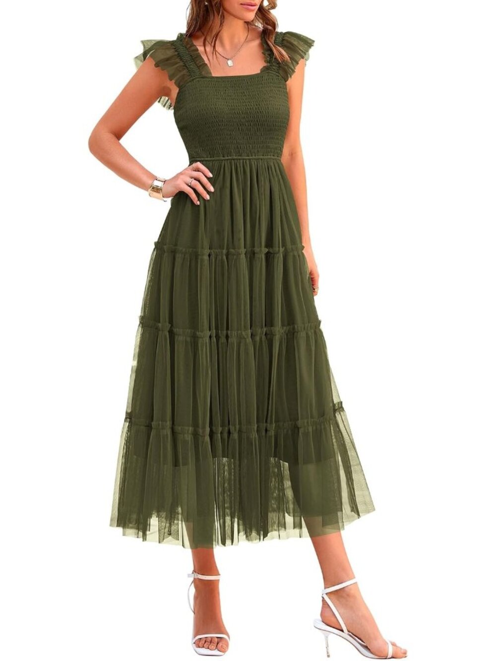 Women's Green Summer Midi Tulle Dress Sleeveless Smocked Square Neck Ruffle